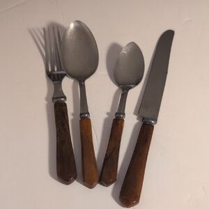 4pc Art Deco Style Bakelite Handle Wood Grain Silverware Fork Spoons Knife
